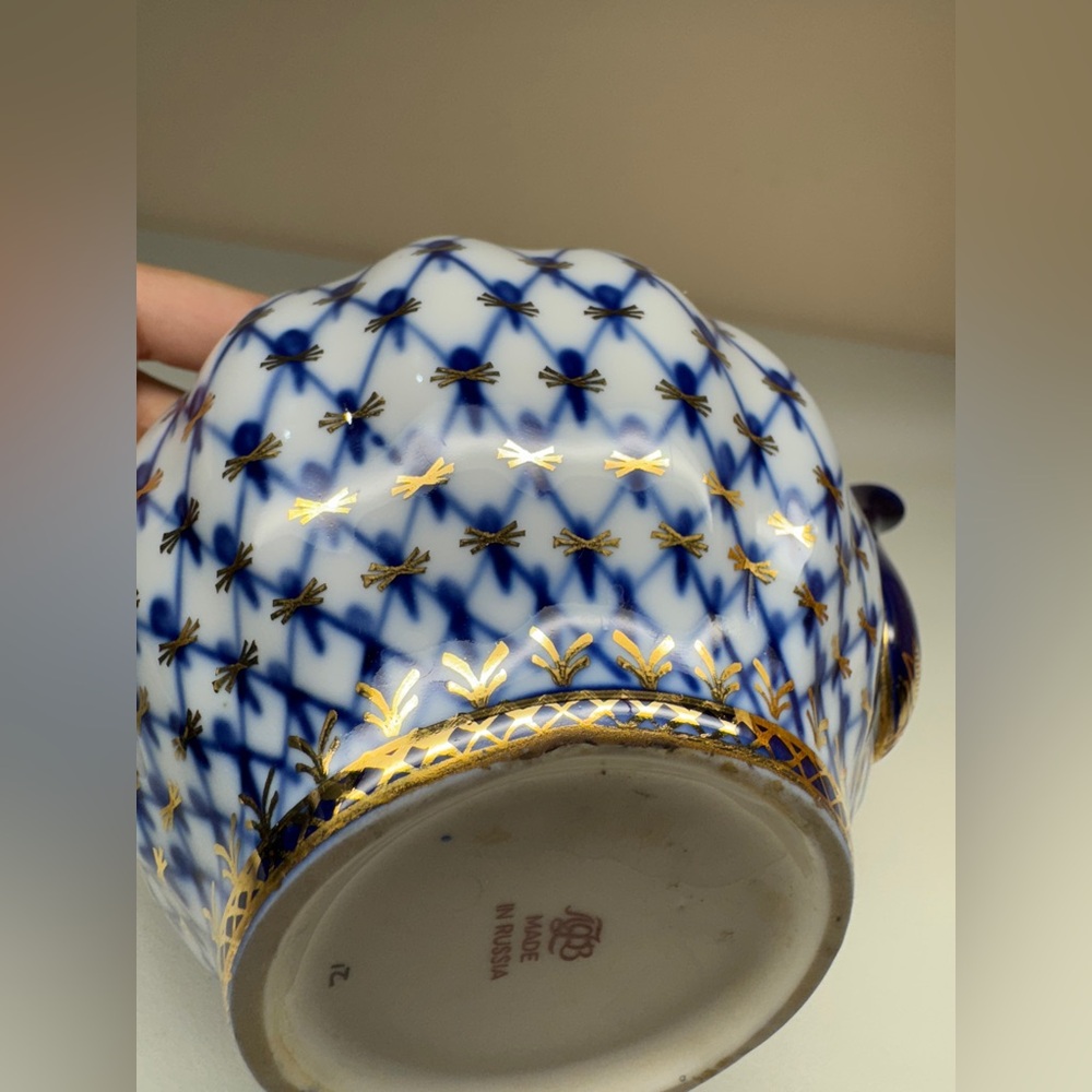 Lomonosov Russian Imperial Porcelain Gold Detailing Cobalt Net Teapot 3 Cup - Picture 11 of 11